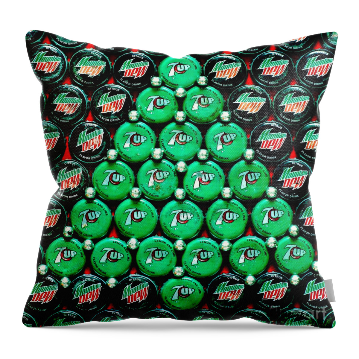 Christmas Throw Pillow featuring the mixed media Bottle Caps Christmas Tree by Christopher Shellhammer