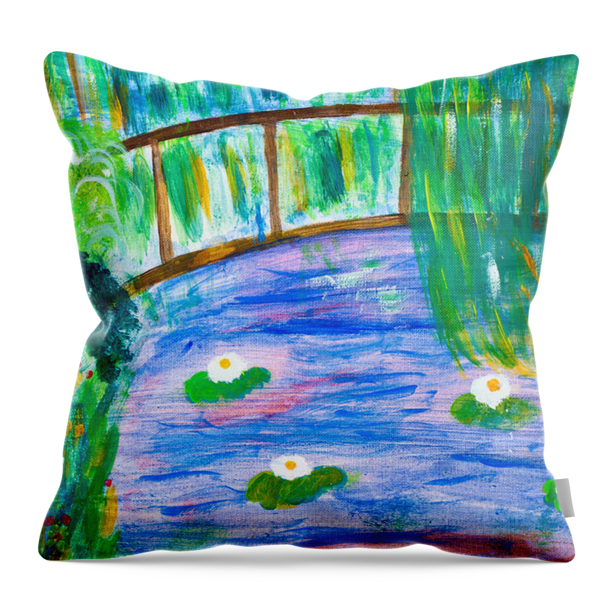 Acrylic Throw Pillow featuring the painting Bridge of lily pond by Simon Bratt