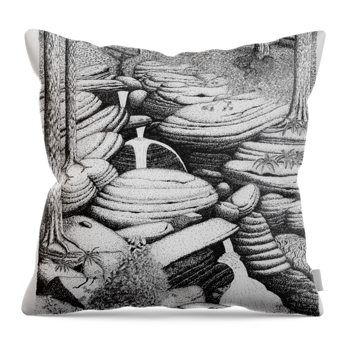 Nature Throw Pillow featuring the drawing Cascade In Boulders by Daniel Reed