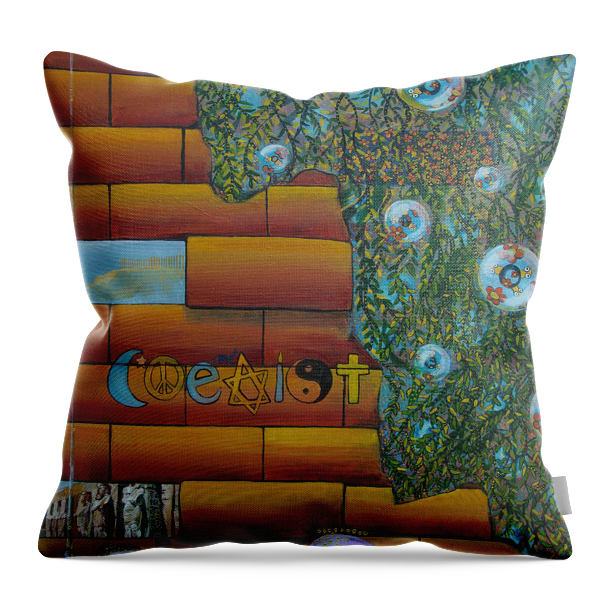Coexist Throw Pillow featuring the painting Coexist by Mindy Huntress