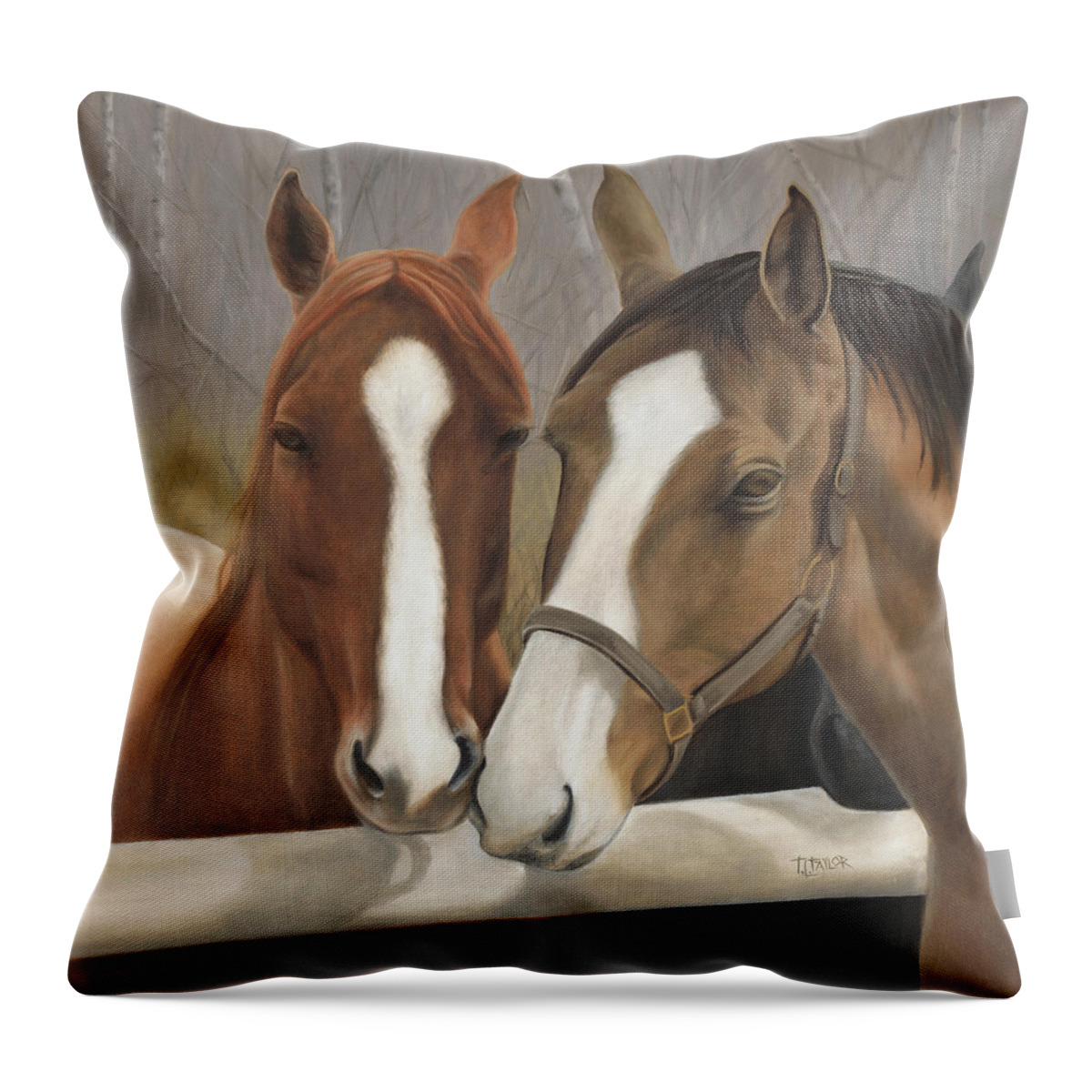 Horses Showing Affection Over The Fence Throw Pillow featuring the painting Courtship by Tammy Taylor