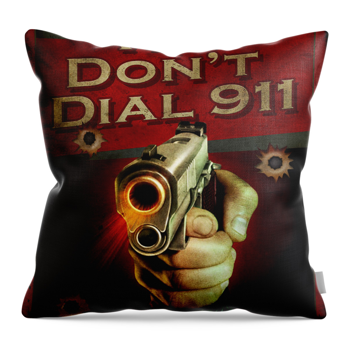 Wildlife 911 Emergency Dial Gun Pistol Hunting Security Armed Shoot Shooting Ammo Shells 45 Forty Five Weapon Hand Throw Pillow featuring the painting Dial 911 by JQ Licensing