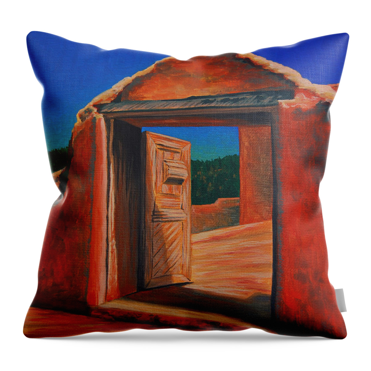 Southwest Throw Pillow featuring the painting Doorway To Las Trampas by Cheryl Fecht