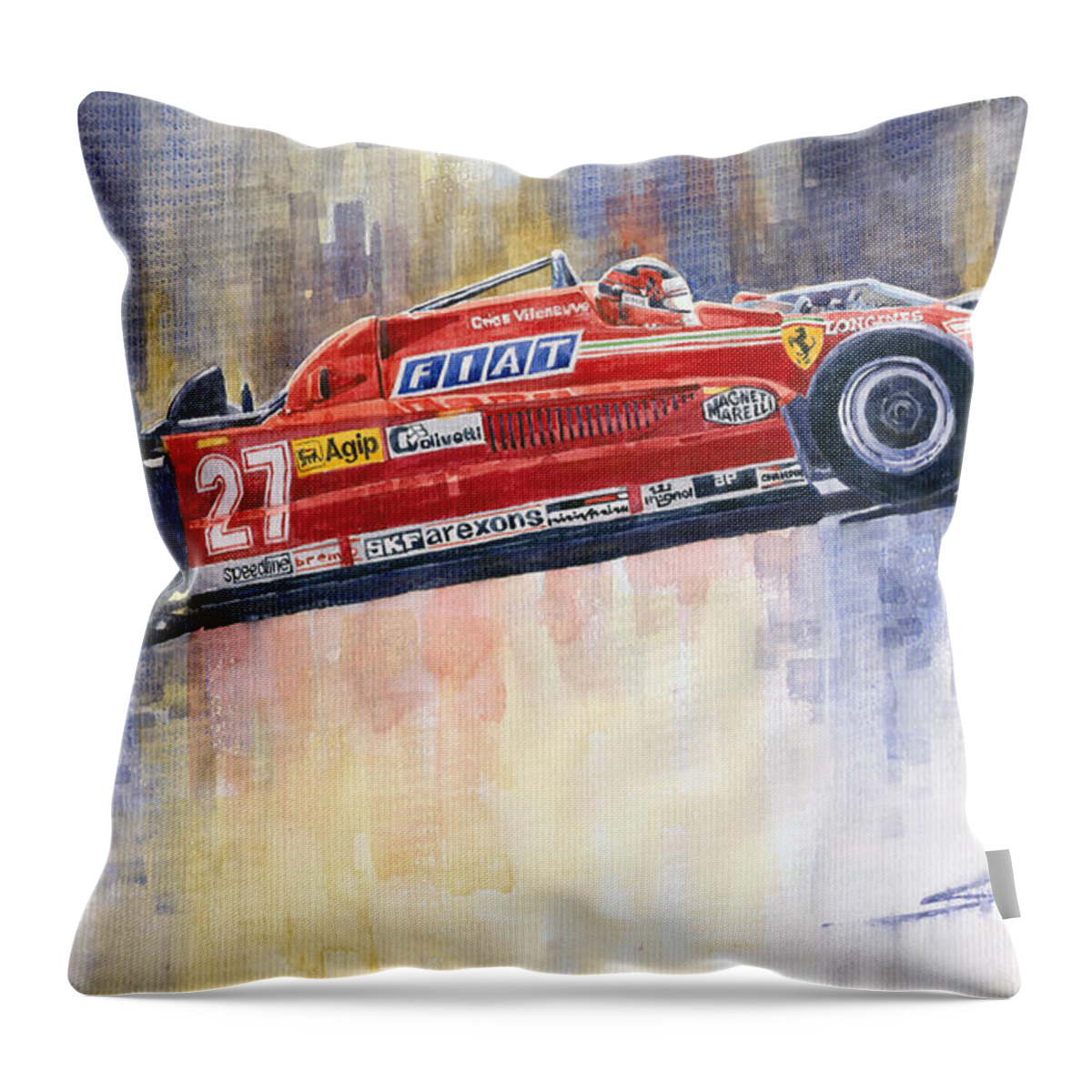 Watercolour Throw Pillow featuring the painting Ferrari 126 CK Gilles Villeneueve Spanish GP 1981 by Yuriy Shevchuk