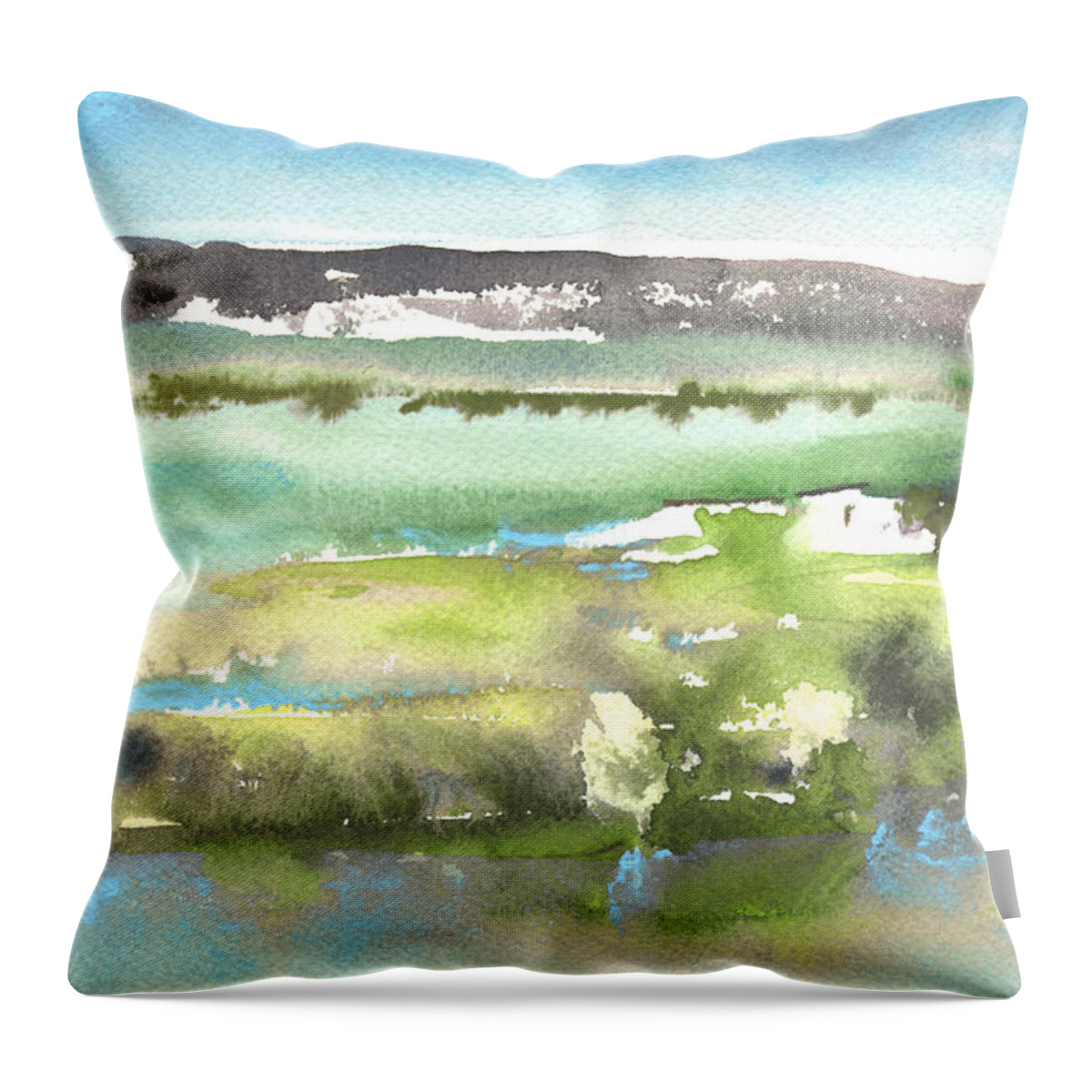 Travel Throw Pillow featuring the painting Lagoon In Spain by Miki De Goodaboom
