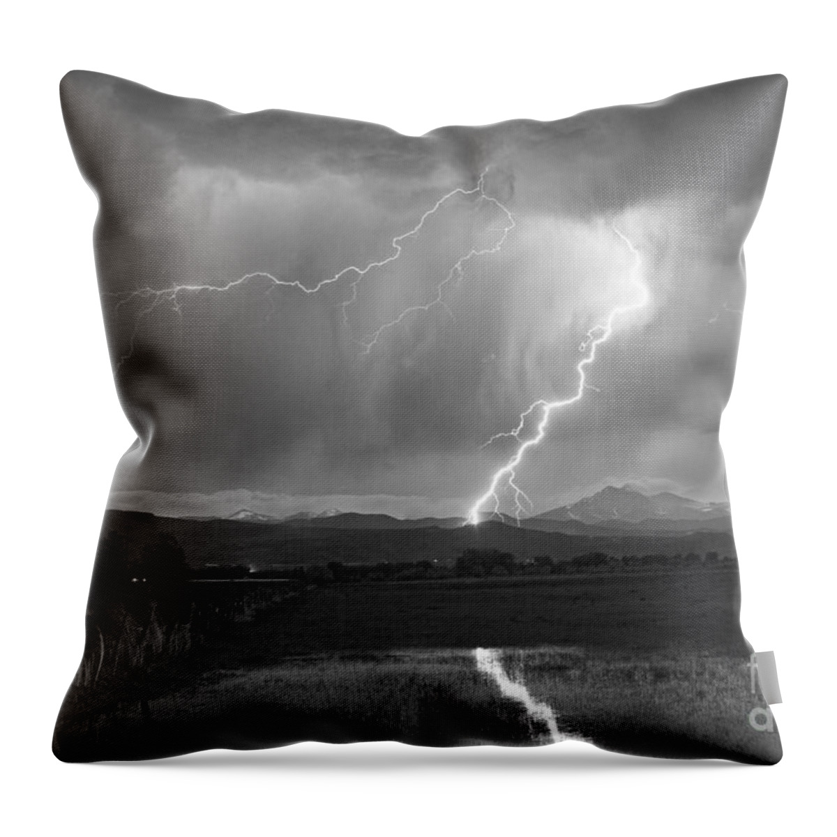 Awesome Throw Pillow featuring the photograph Lightning Striking Longs Peak Foothills 2BW by James BO Insogna
