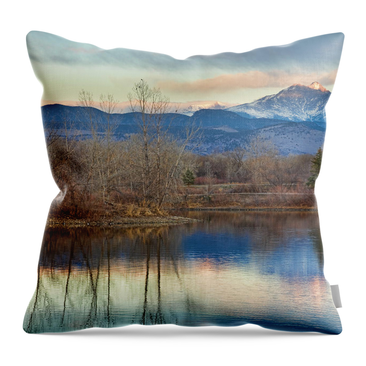 'twin Peaks' Colorado Throw Pillow featuring the photograph Longs Peak from Golden Ponds by James BO Insogna