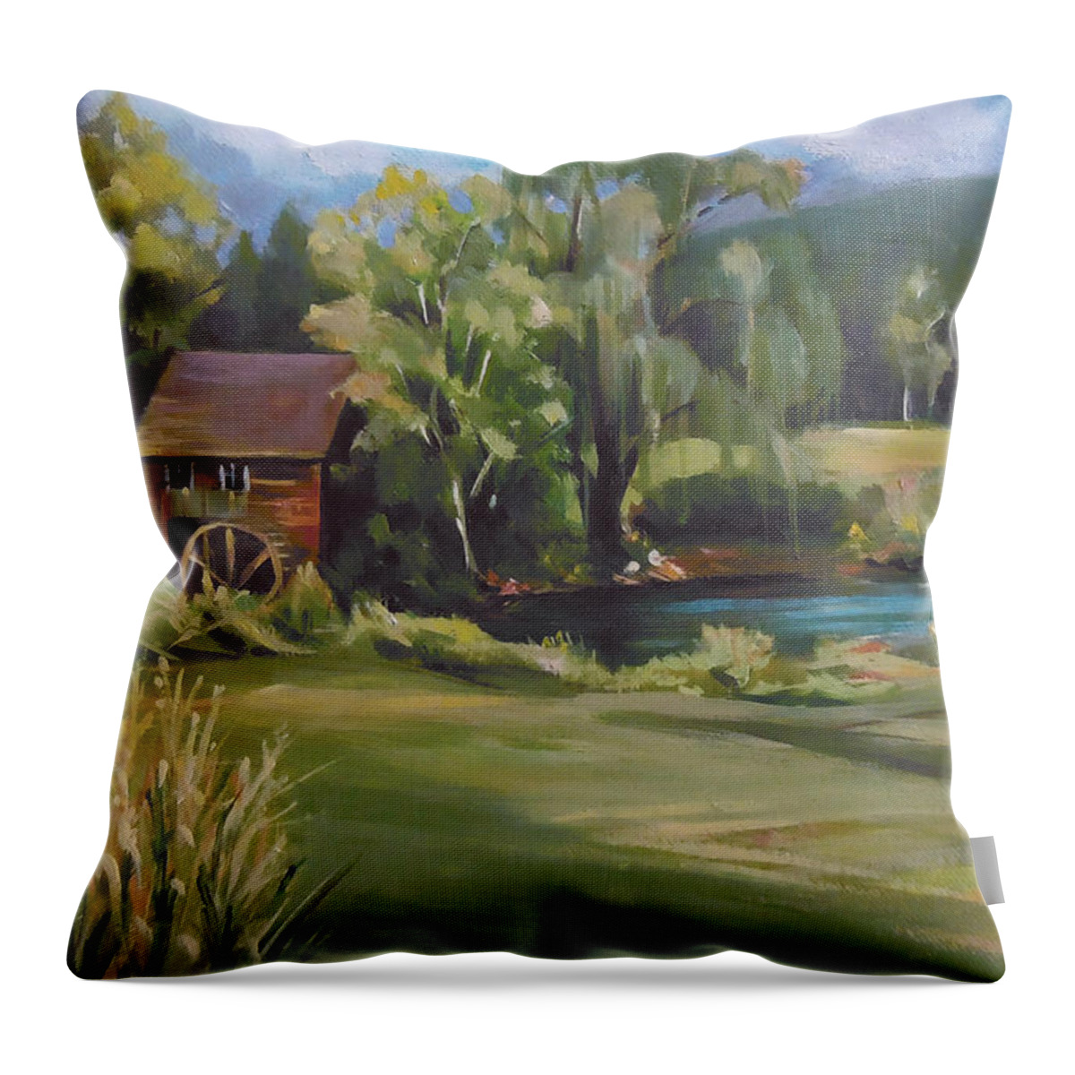 Mill Throw Pillow featuring the painting Mill by the Stream by Nancy Griswold
