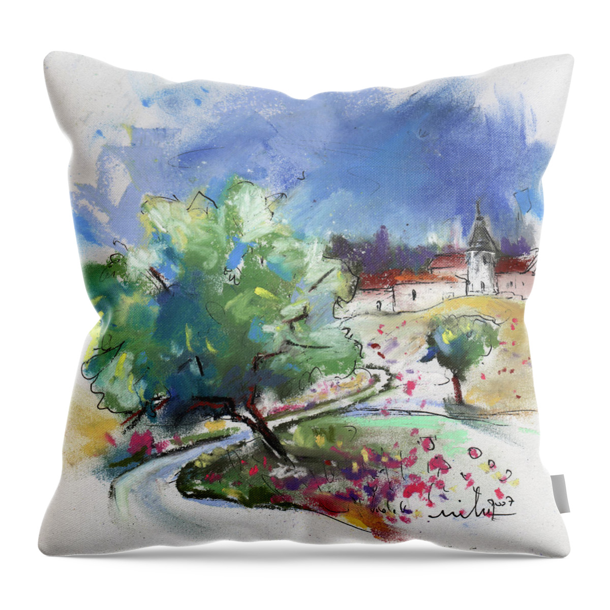 France Throw Pillow featuring the painting Monpazier in France 04 by Miki De Goodaboom