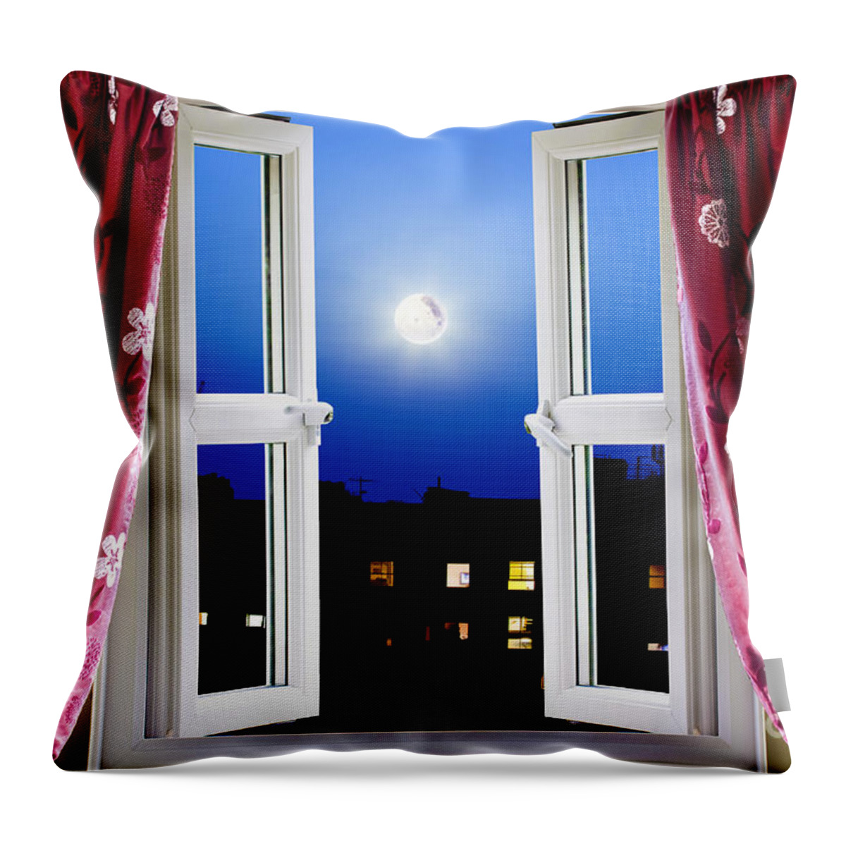 Night Throw Pillow featuring the photograph Open window at night by Simon Bratt