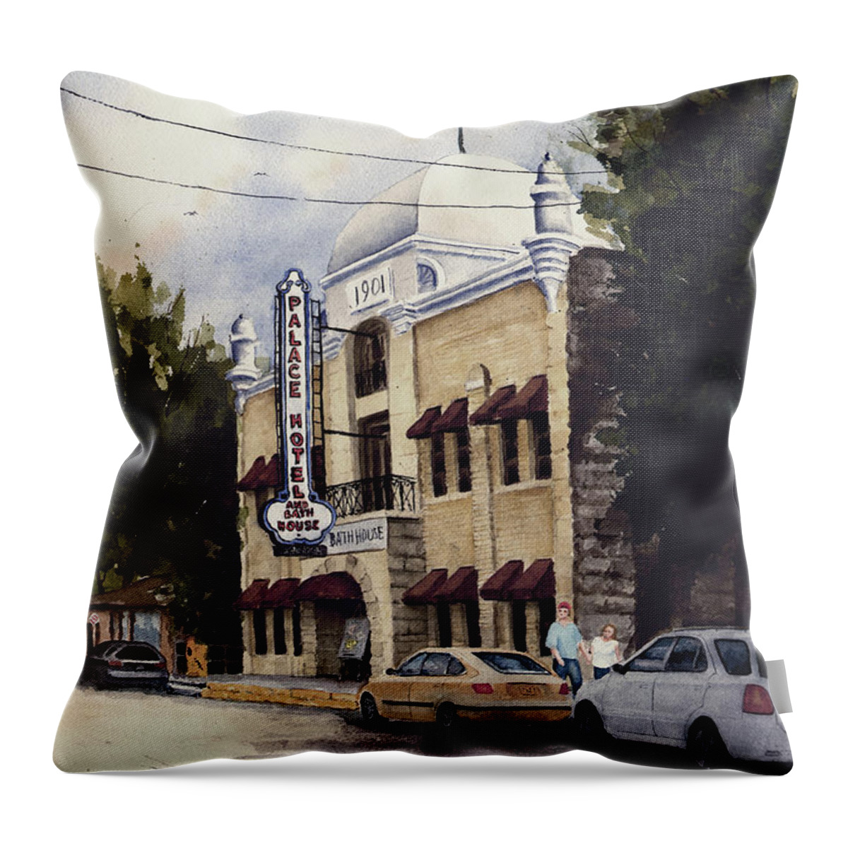 Hotel Throw Pillow featuring the painting Palace Hotel by Sam Sidders