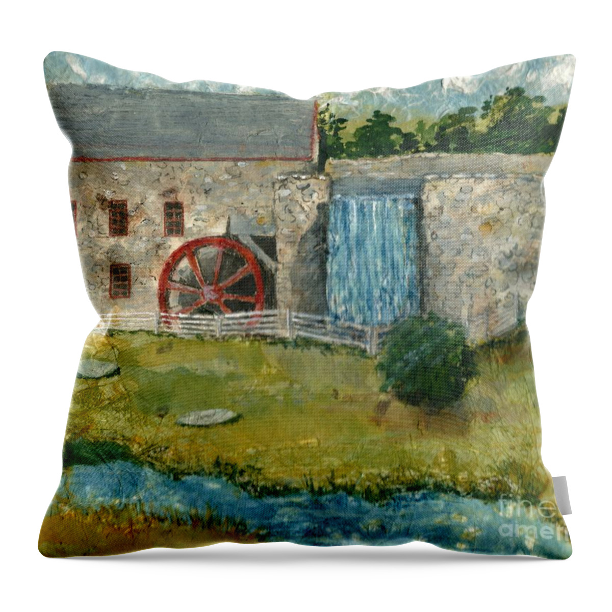 Gristmill Throw Pillow featuring the painting Pepperidge Farm Gristmill by Lynn Babineau