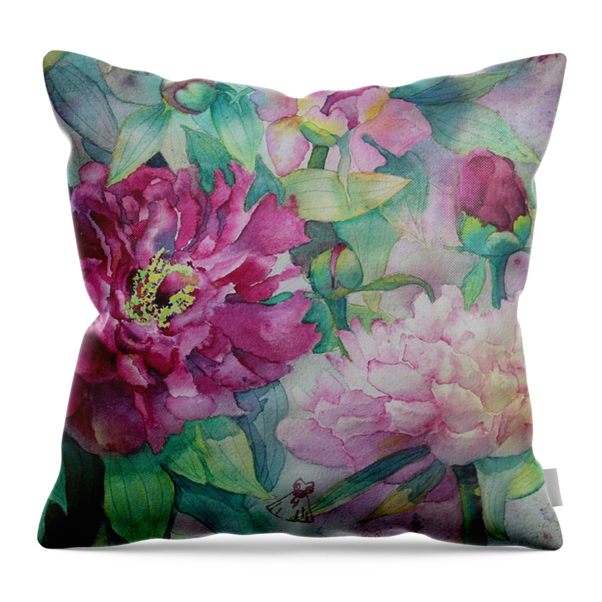 Peony Throw Pillow featuring the painting Queen of the Garden by Ruth Kamenev