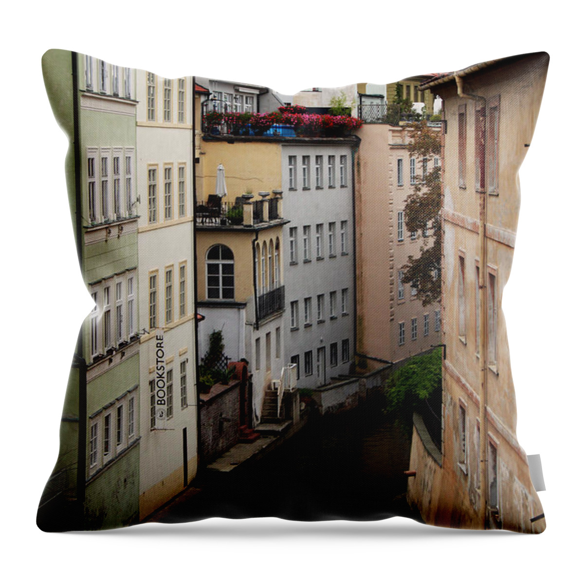 Prague Throw Pillow featuring the photograph Red Rooftops in Prague Canal by Linda Woods