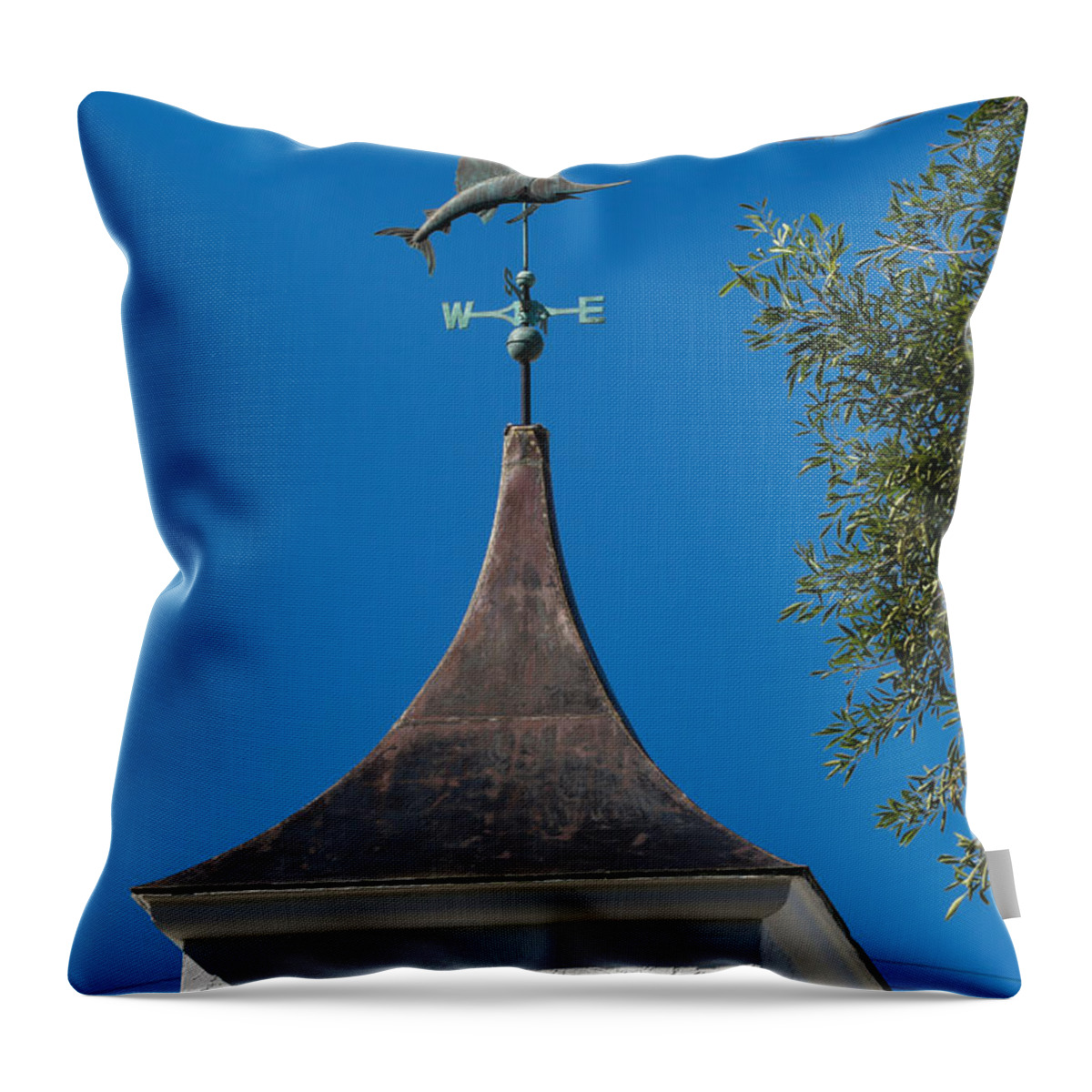 Blue Sky Throw Pillow featuring the photograph Sailfish Weather Vane at Palm Beach Shores by Ed Gleichman