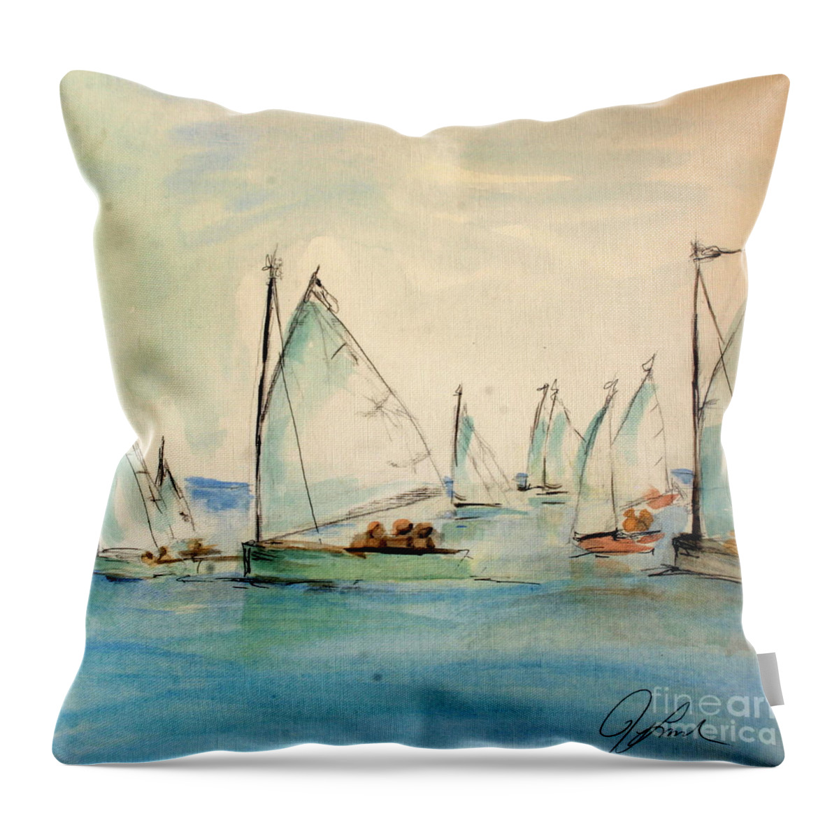 Paintings Throw Pillow featuring the painting Sailors in a runabout by Julie Lueders 