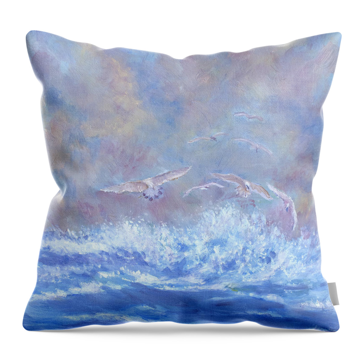 Seascape Throw Pillow featuring the painting Seagulls at Play by Ben Kiger