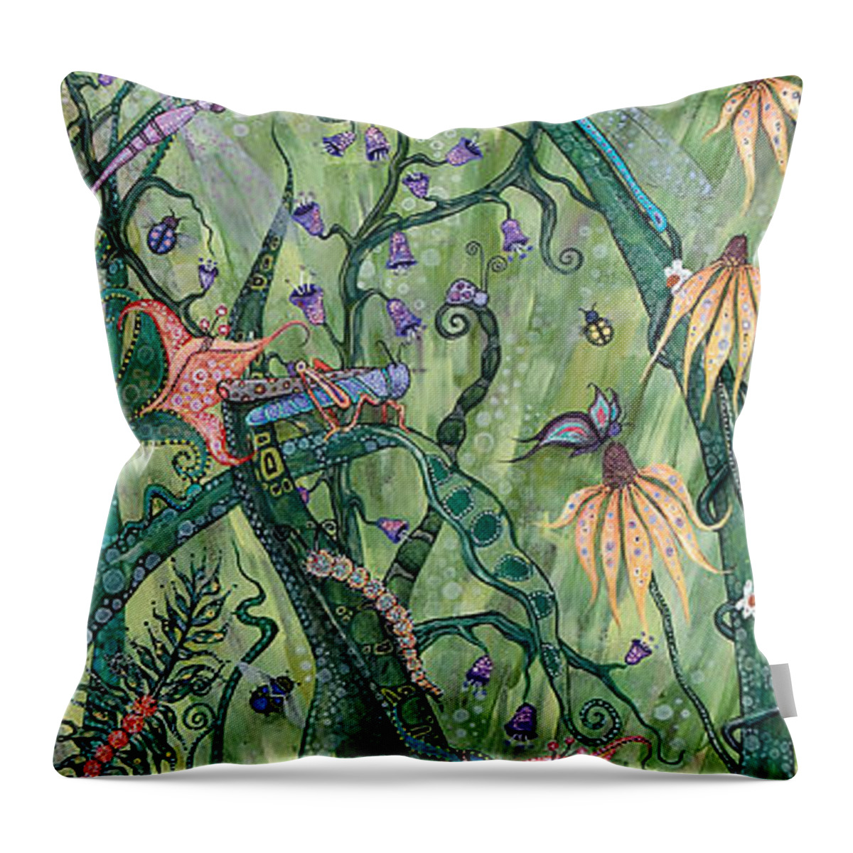 Flowers And Butterflies And Dragonflies On Green Background Throw Pillow featuring the painting Serendipity by Tanielle Childers