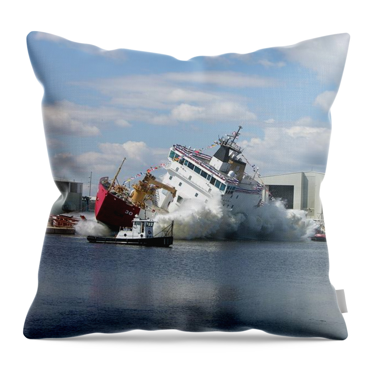 Mackinaw Throw Pillow featuring the photograph Splash launch of the Coast Guard Cutter Mackinaw by Keith Stokes