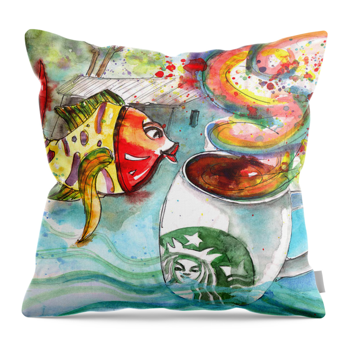 Travel Sketch Throw Pillow featuring the drawing Starbucks Coffee in Limassol by Miki De Goodaboom
