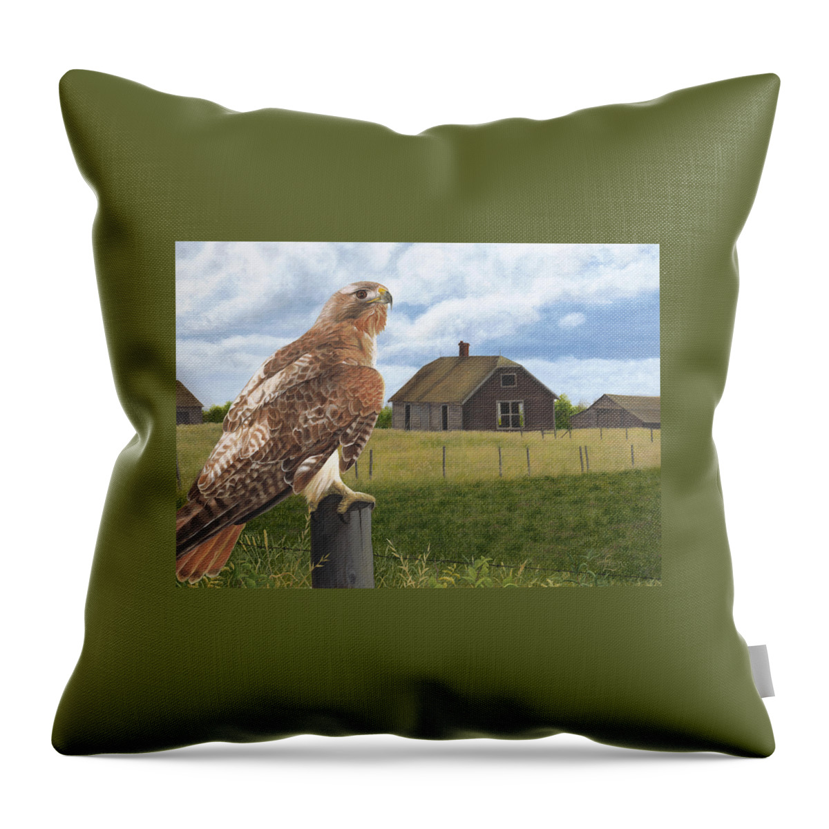 Red Tailed Hawk Over Looking Old Homestead Throw Pillow featuring the painting The Grounds Keeper by Tammy Taylor