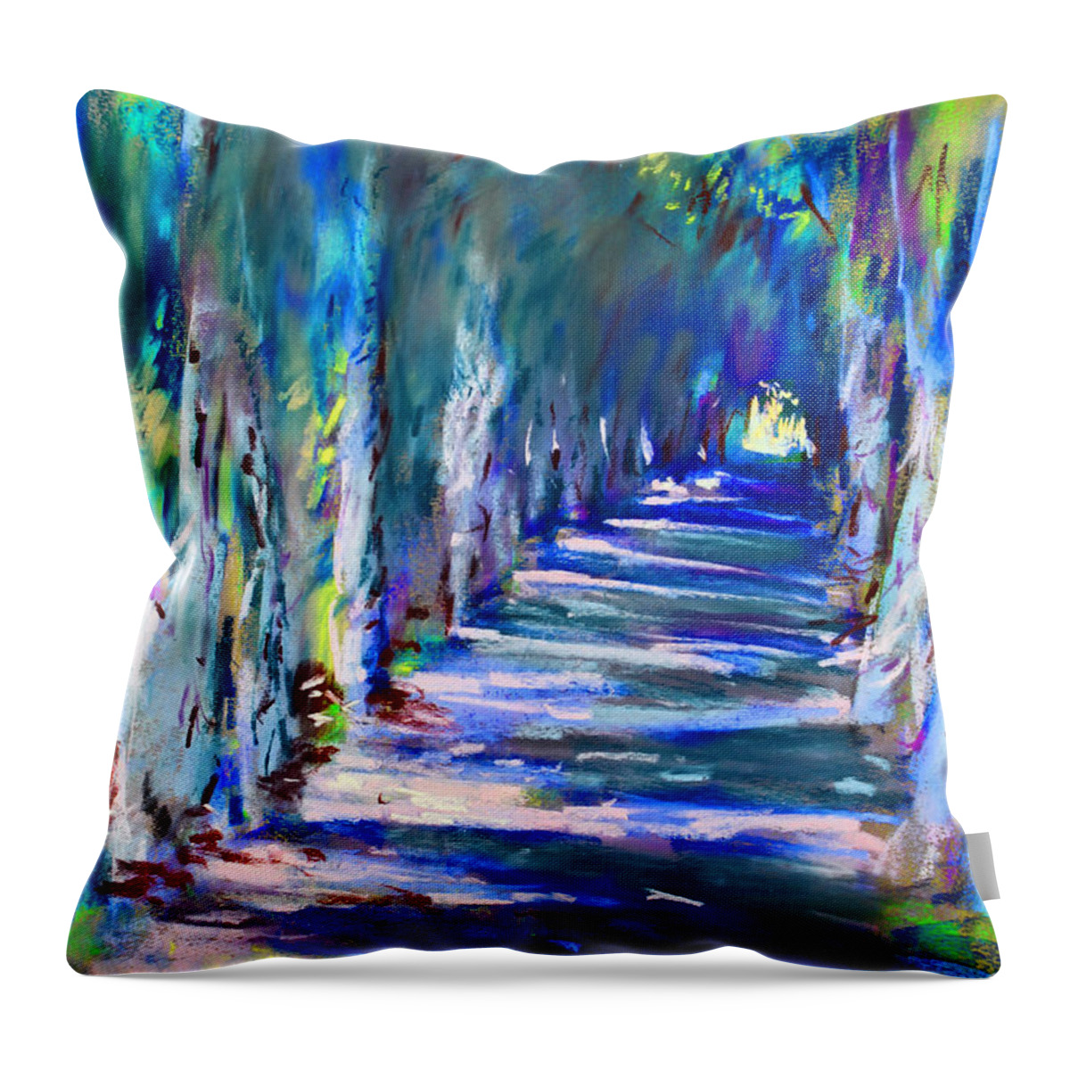Tree Lined Road Throw Pillow featuring the pastel Tree Lined Road by Ylli Haruni