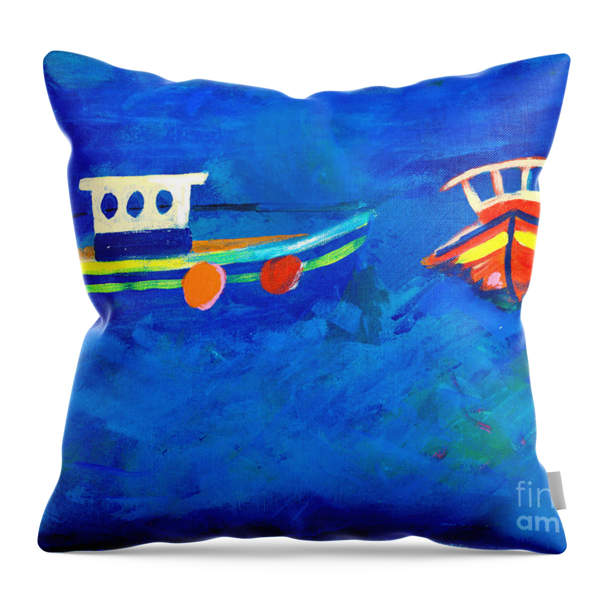 Painting Throw Pillow featuring the painting Two fishing boats at sea by Simon Bratt
