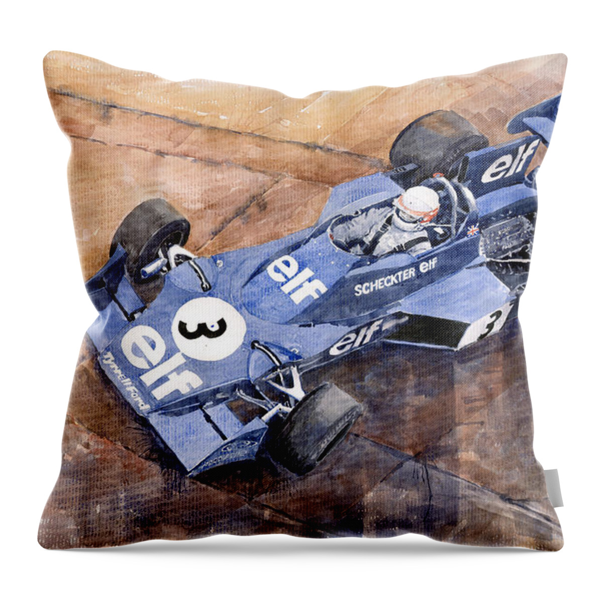 Watercolor Throw Pillow featuring the painting Tyrrell Ford 007 Jody Scheckter 1974 Swedish GP by Yuriy Shevchuk