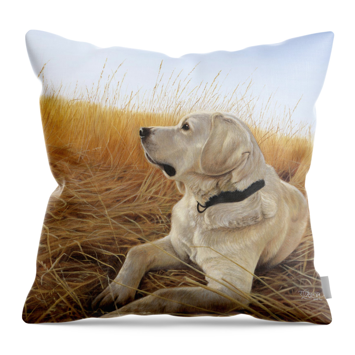 Yellow Lab Throw Pillow featuring the painting Waiting For The Birds by Tammy Taylor