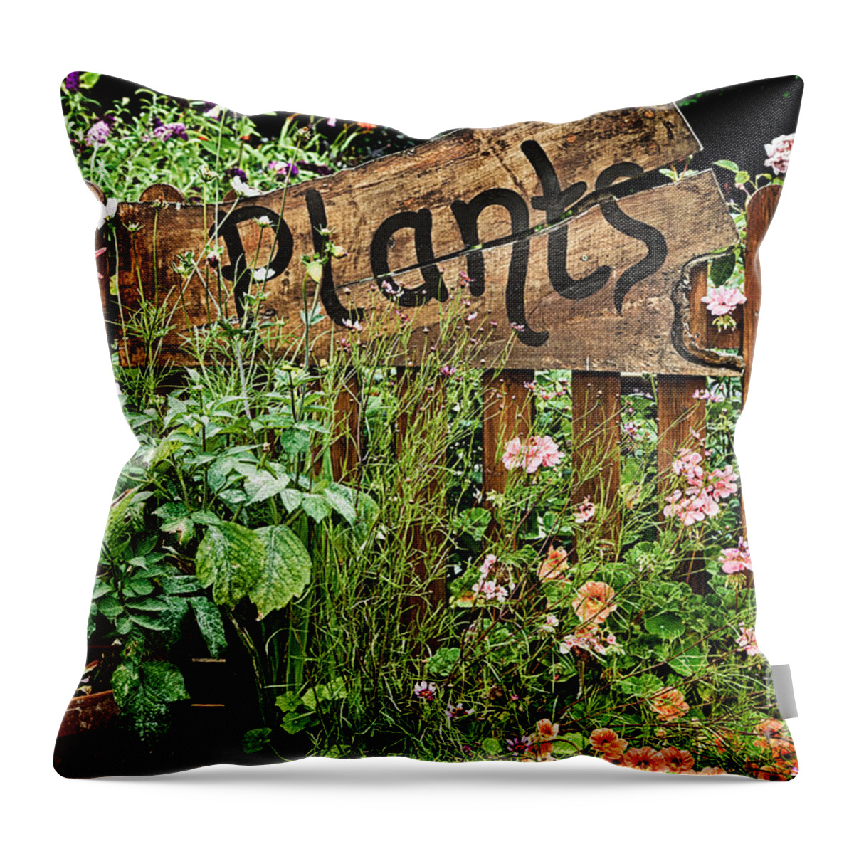 Plants Throw Pillow featuring the photograph Wooden plant sign in flowers by Simon Bratt