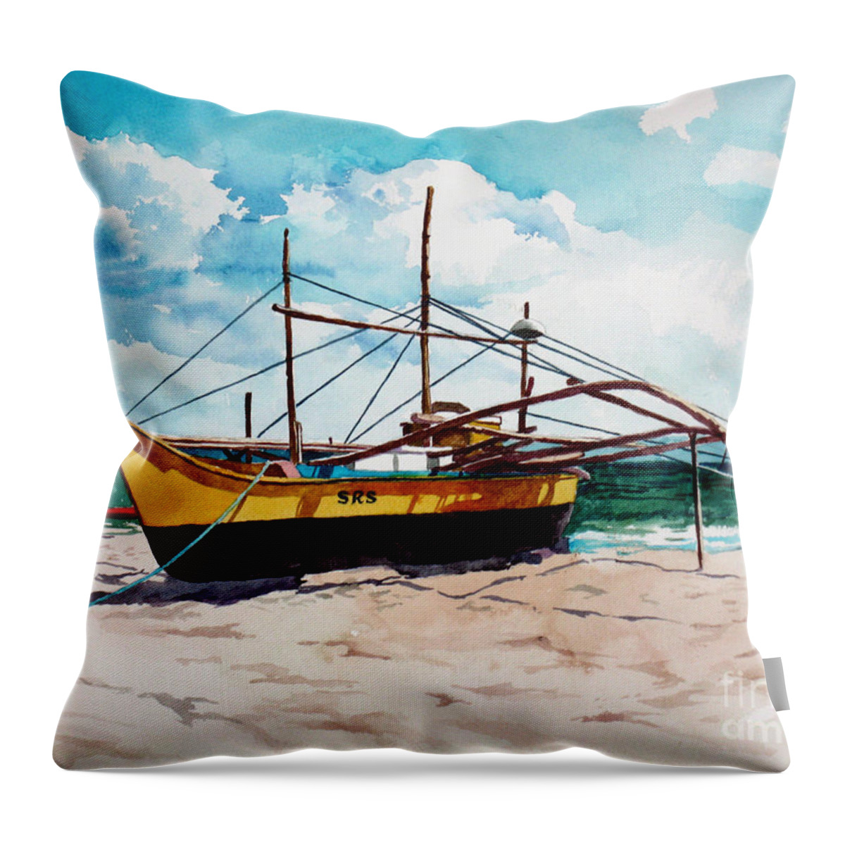 Boat Throw Pillow featuring the painting Yellow Boat Docking on the Shore by Christopher Shellhammer