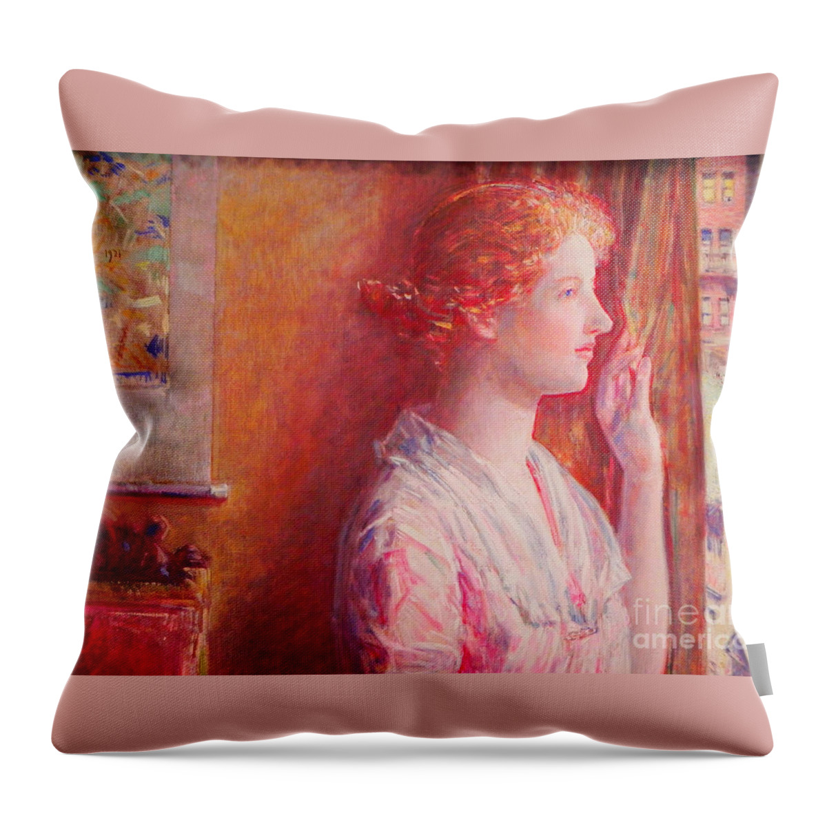 Frederick Childe Hassam (1859-1935) Easter Morning (portrait At A New York Window) Throw Pillow featuring the painting Easter Morning by MotionAge Designs