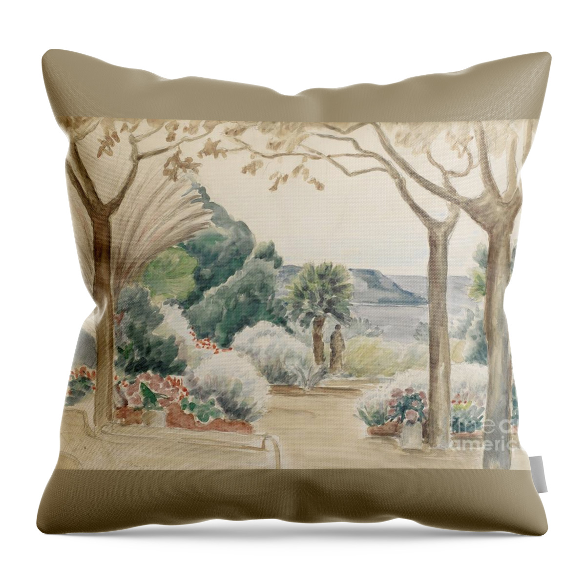 Henri Baptiste Lebasque 1865 - 1937 Femme Sur La Terrasse Throw Pillow featuring the painting Femme Sur La Terrasse by MotionAge Designs