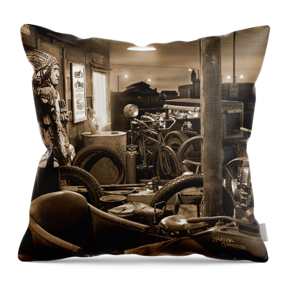 Motorcycle Shop Throw Pillow featuring the photograph The Motorcycle Shop by Mike McGlothlen