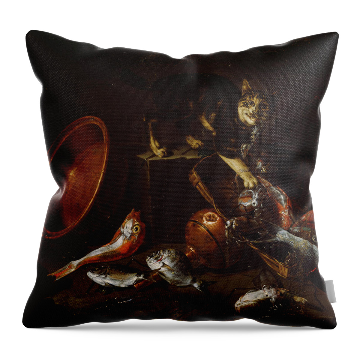 A Cat Stealing Fish Throw Pillow featuring the painting A Cat Stealing Fish by MotionAge Designs