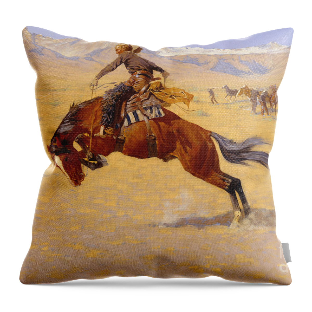Cowboy; Horse; Pony; Rearing; Bronco; Wild West; Old West; Plain; Plains; American; Landscape; Breaking; Horses; Snow-capped; Mountains; Mountainous Throw Pillow featuring the painting A Cold Morning on the Range by Frederic Remington