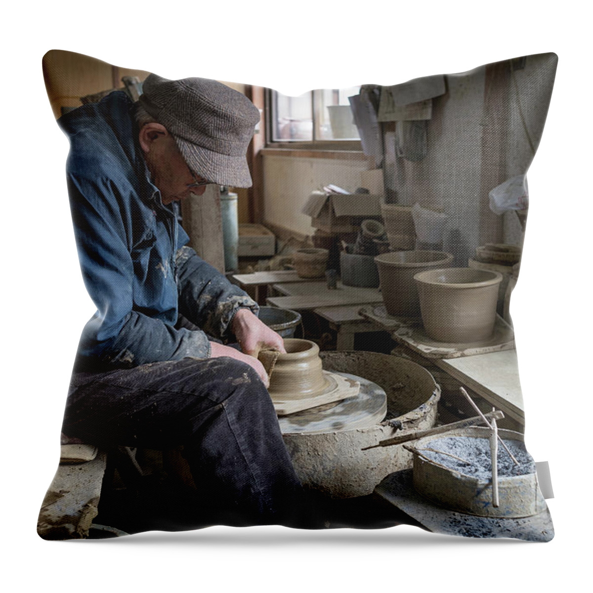 Pottery Throw Pillow featuring the photograph A Village Pottery Studio, Japan by Perry Rodriguez