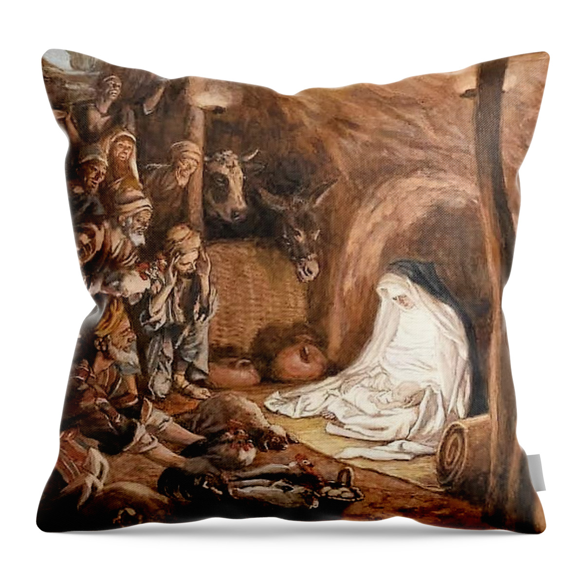 Christmas Throw Pillow featuring the painting Adoration of the Shepherds by Tissot