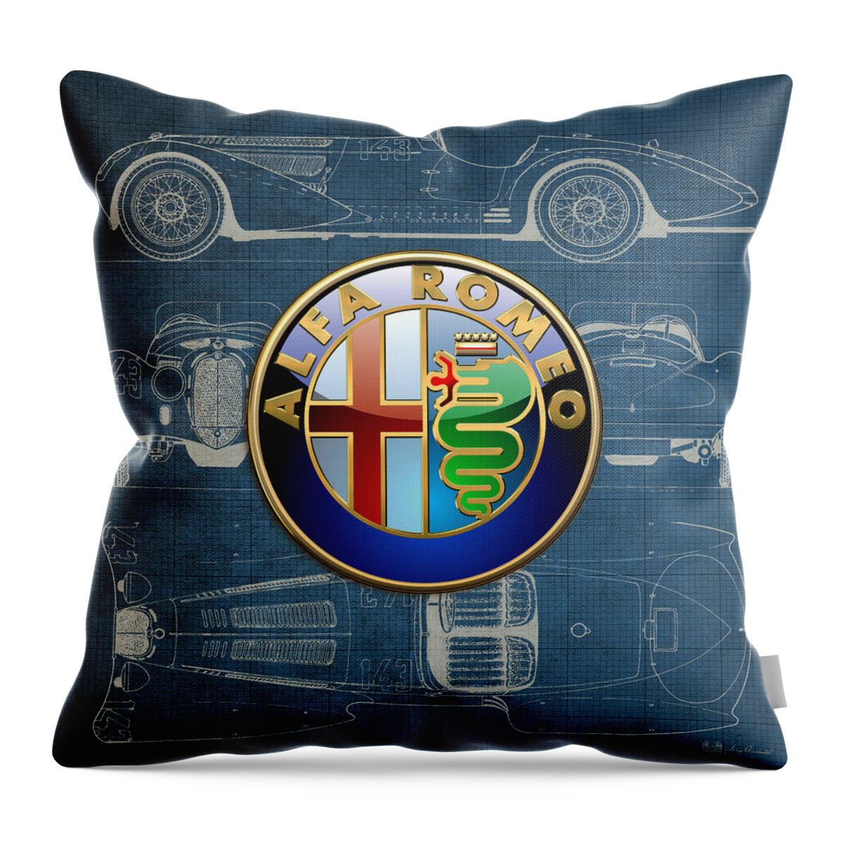 �wheels Of Fortune� By Serge Averbukh Throw Pillow featuring the photograph Alfa Romeo 3 D Badge over 1938 Alfa Romeo 8 C 2900 B Vintage Blueprint by Serge Averbukh