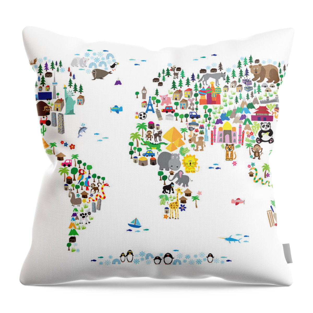 Map Of The World Throw Pillow featuring the digital art Animal Map of the World for children and kids #5 by Michael Tompsett