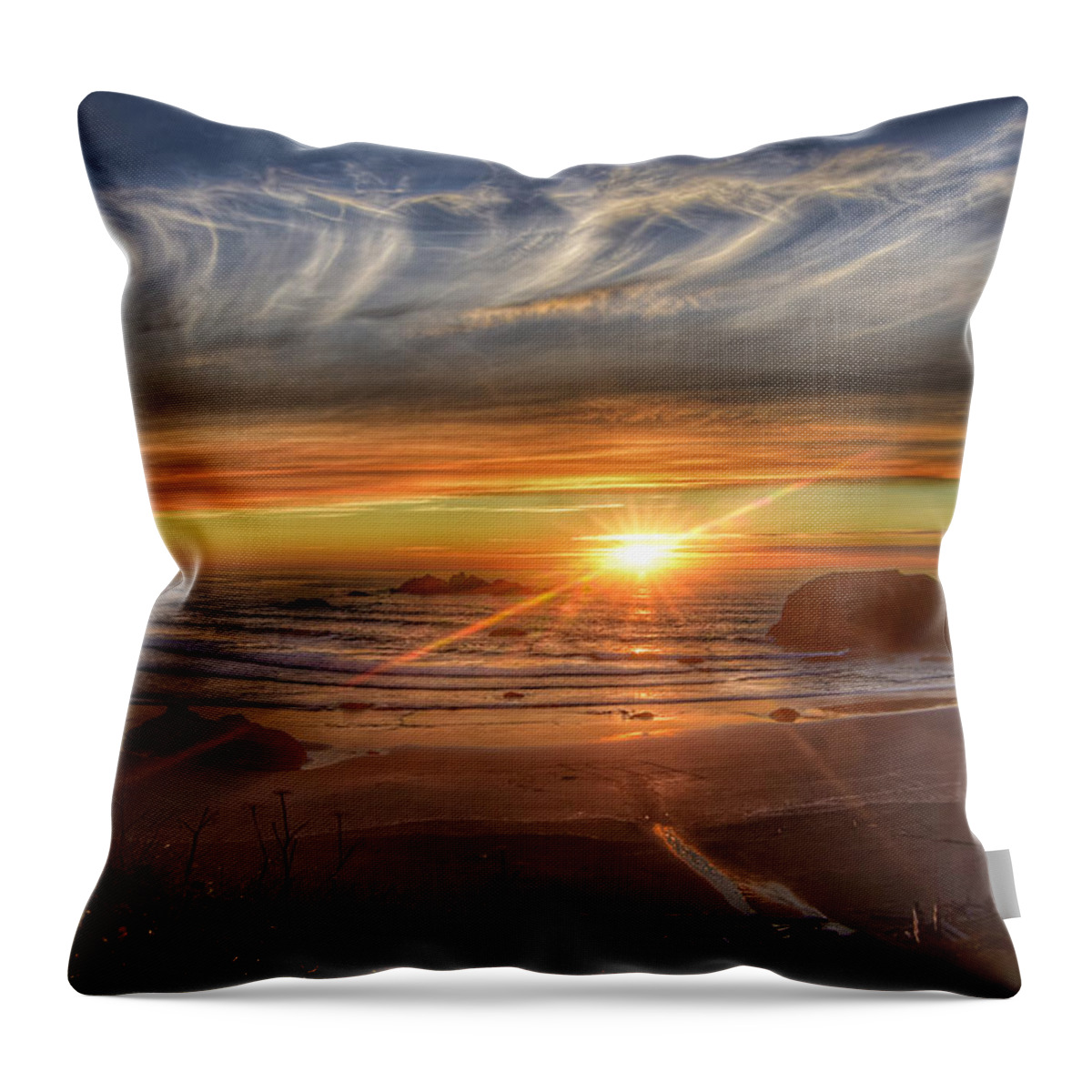 Bandon-oregon Throw Pillow featuring the photograph Bandon Sunset by Bonnie Bruno