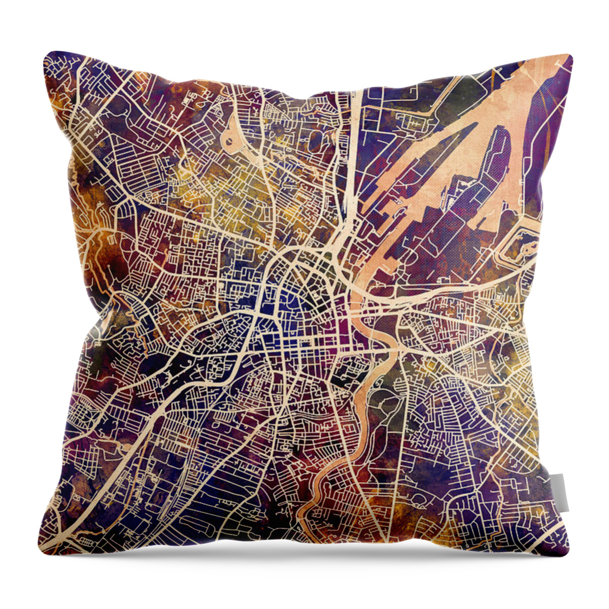 Belfast Throw Pillow featuring the digital art Belfast Northern Ireland City Map by Michael Tompsett