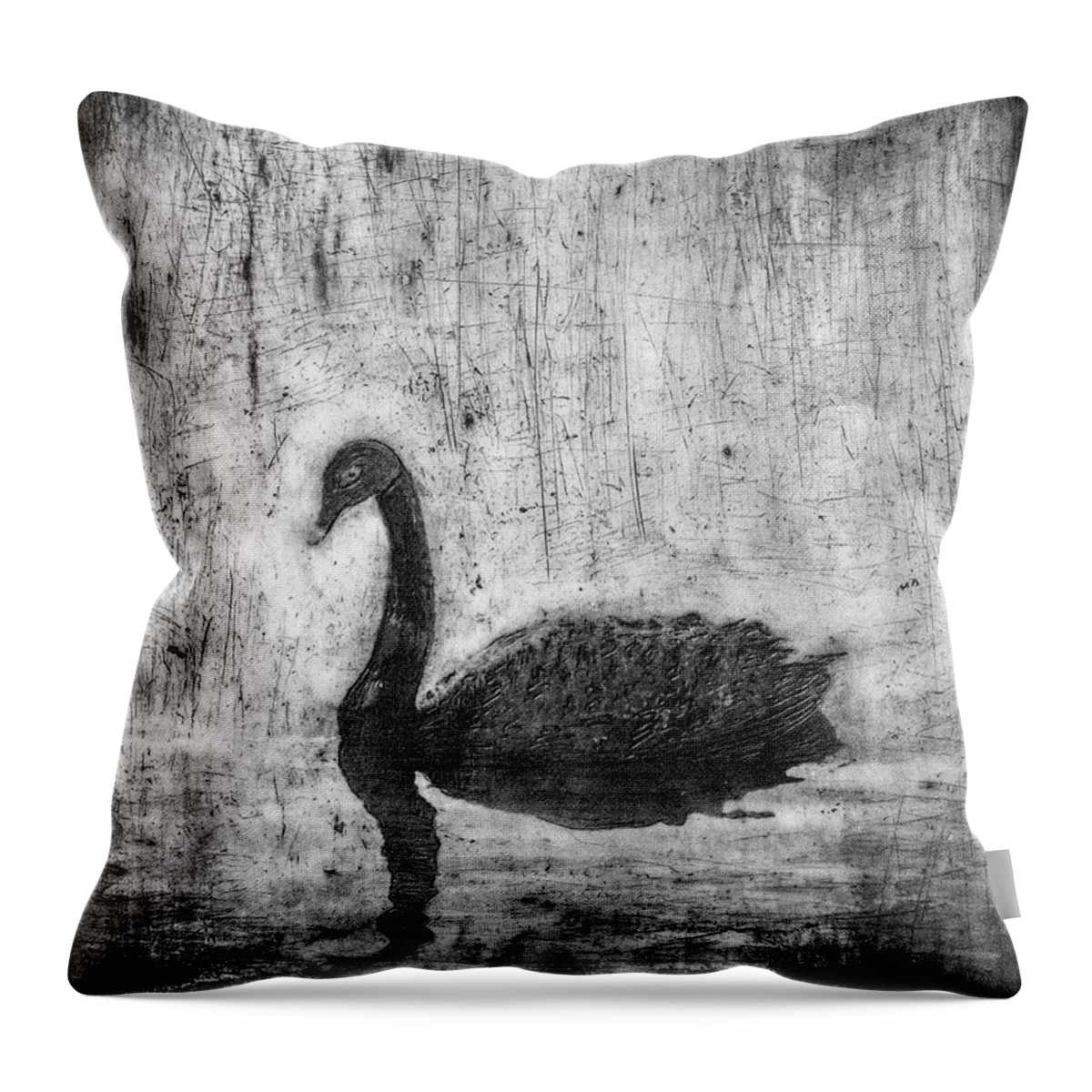 Swan Throw Pillow featuring the mixed media Black Swan by Roseanne Jones