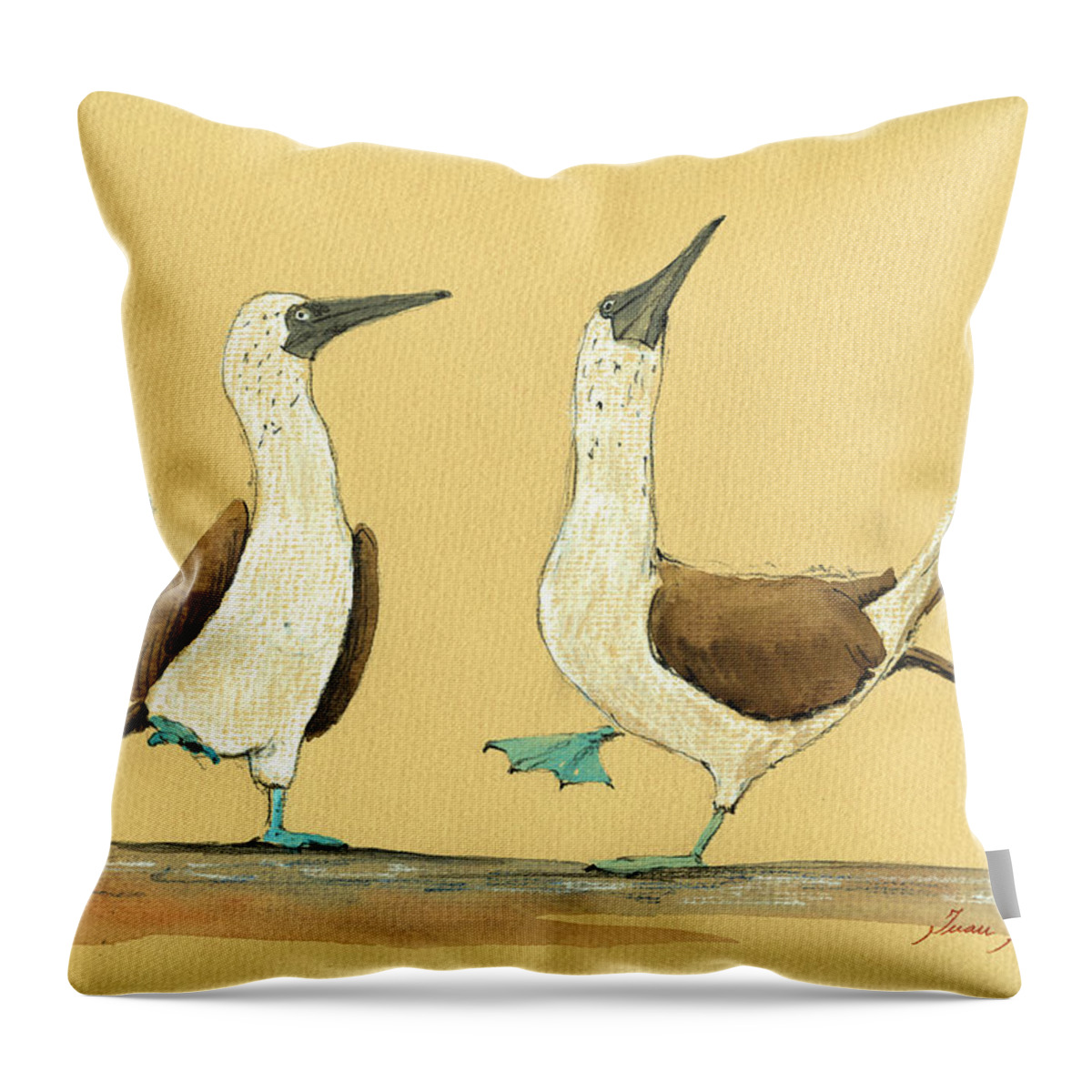 Blue Footed Boobies Throw Pillow featuring the painting Blue footed boobies by Juan Bosco