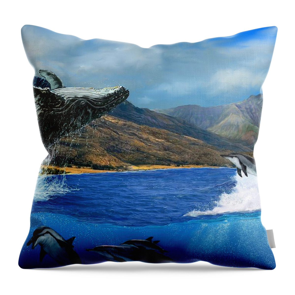 Breaching Throw Pillow featuring the painting Breaching Humpback Whale at West Maui by Stephen Jorgensen