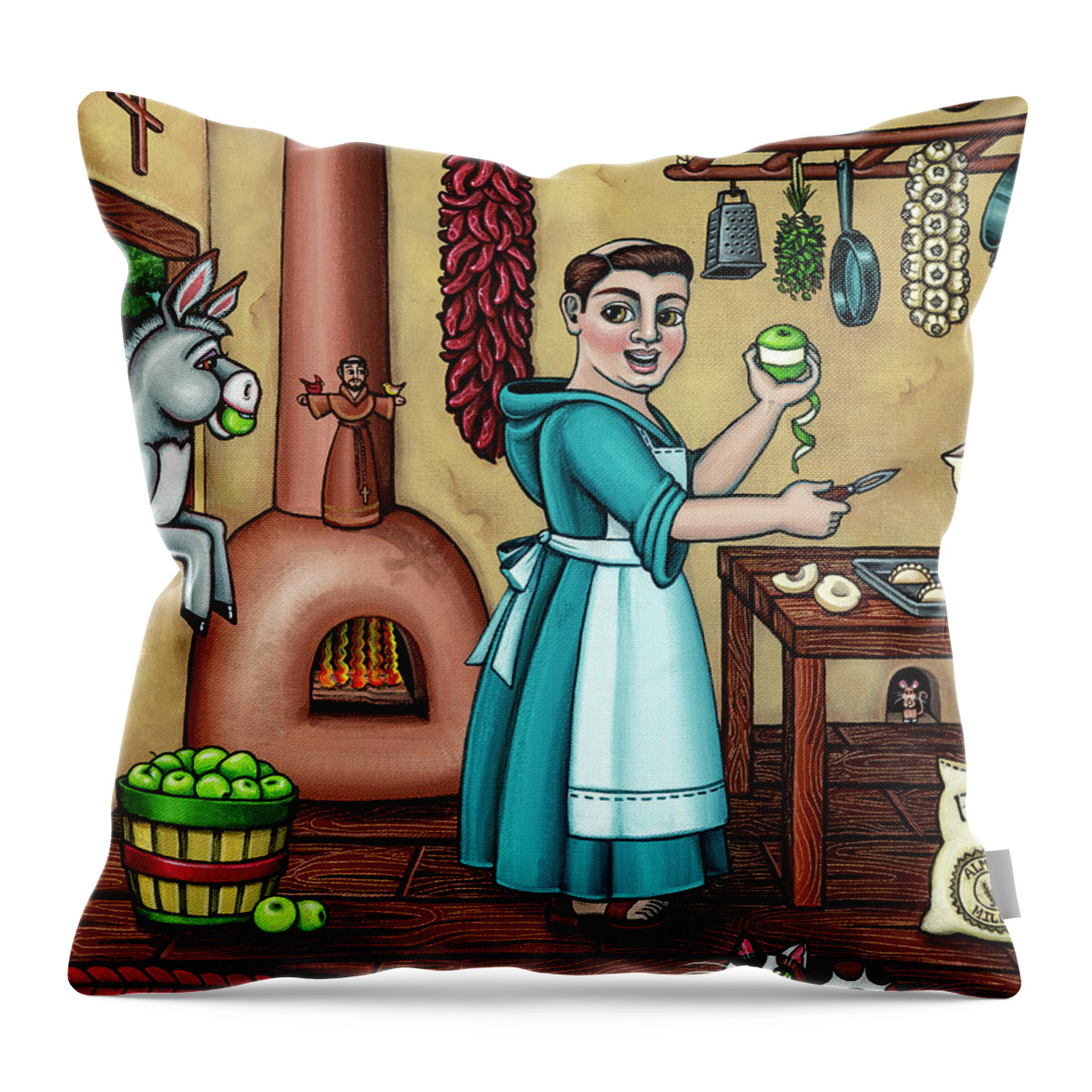 Hispanic Art Throw Pillow featuring the painting Burritos In The Kitchen by Victoria De Almeida