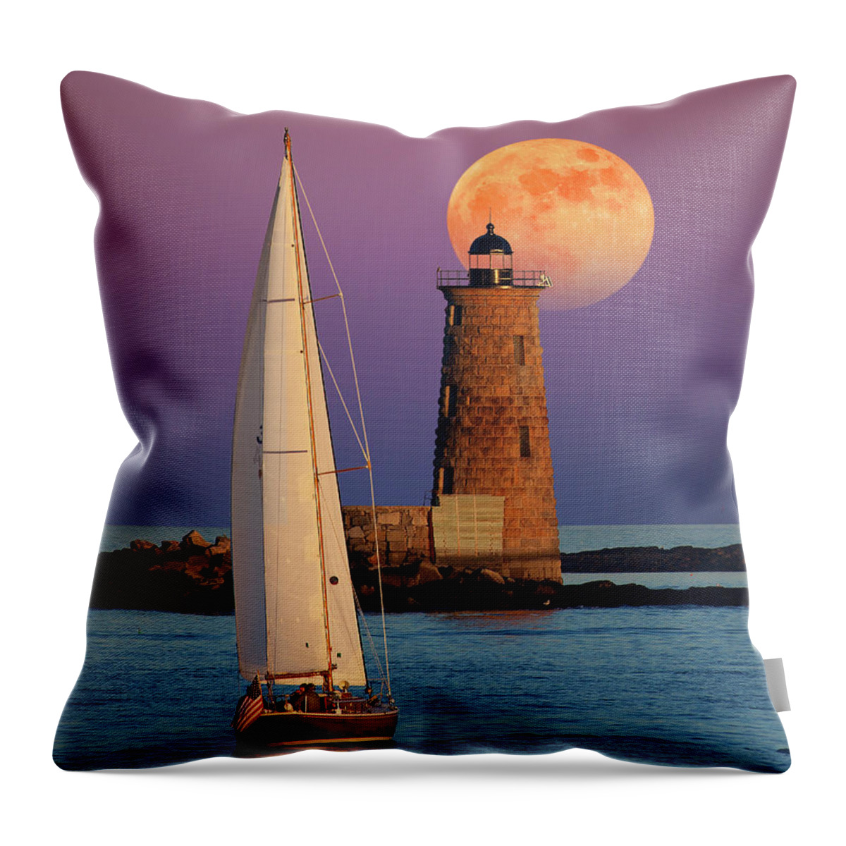 Moon Lunar Full Moon Sea Sailboat Boat Sunset Sunrise Dawn Dusk Astronomy Astronomical Water Peaceful Peace Quiet Nautical Lighthouse Light House Seashore Throw Pillow featuring the photograph Convergence #1 by Larry Landolfi