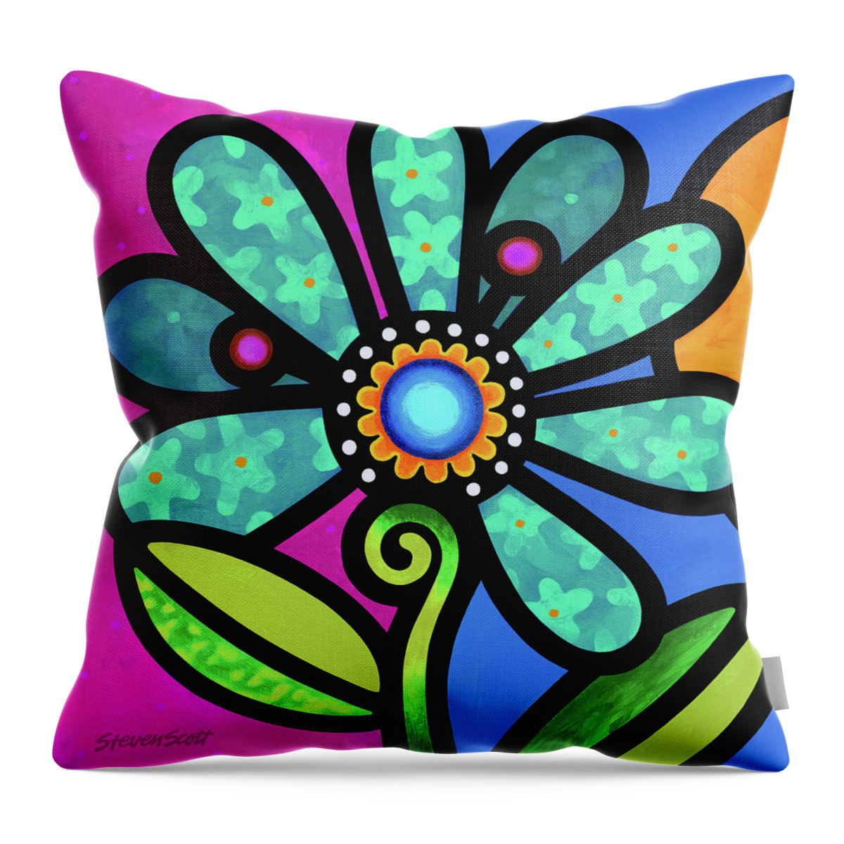 Daisy Throw Pillow featuring the painting Cosmic Daisy in Aqua by Steven Scott
