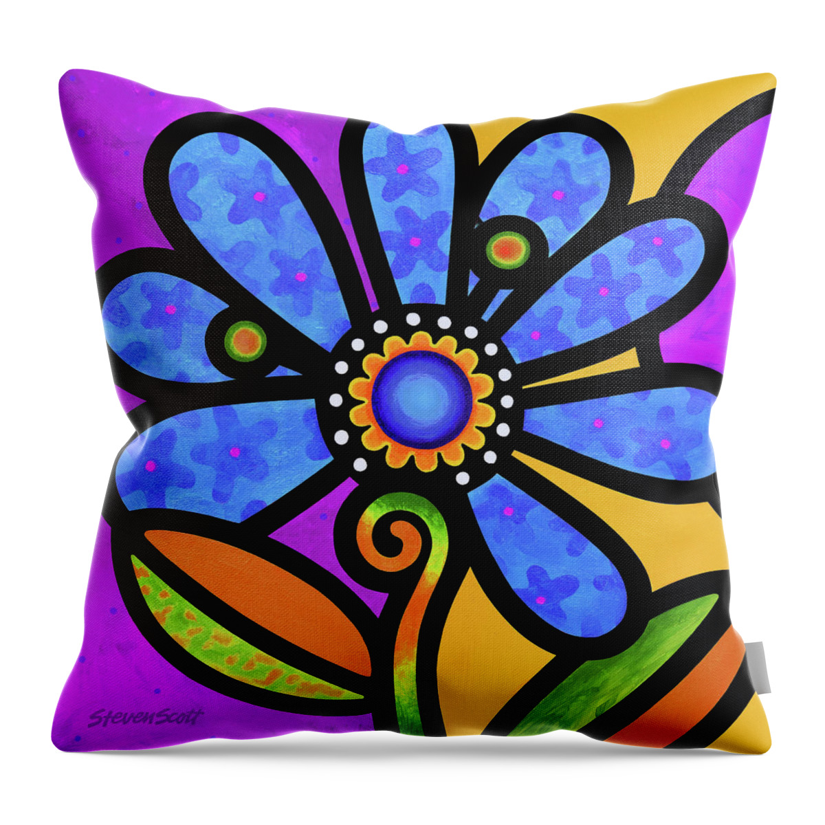 Flower Throw Pillow featuring the painting Cosmic Daisy in Blue by Steven Scott
