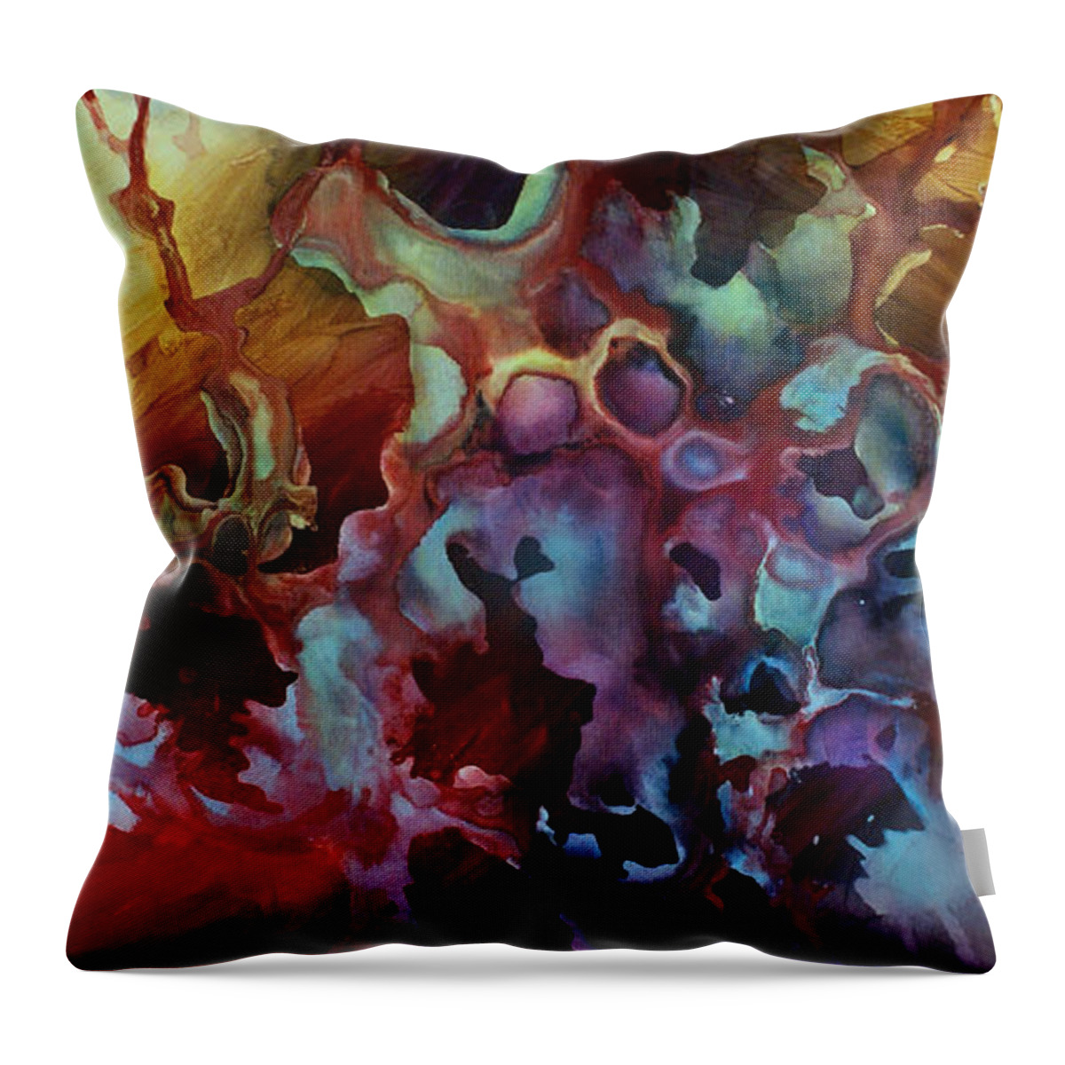 Abstract Painting Art Modern Art Deco Floral Colorful Red Blue Yellow Earth Tones Garden Expressionism Natural Minimalism Free Flow Liquid Fluid Throw Pillow featuring the painting Evolution by Michael Lang